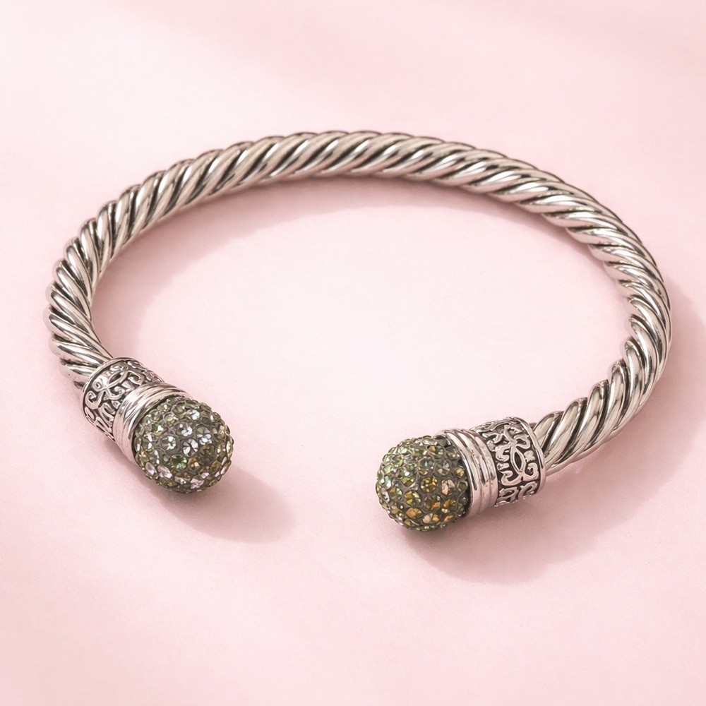 Y2K Twisted Cable Cuff Bracelet • Green Crystal Statement